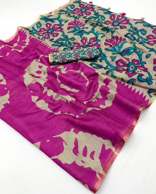 Magnetic Purple Printed Cotton Silk Saree With Delectable Blouse Piece