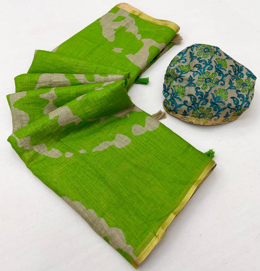 Traditional Parrot Printed Cotton Silk Saree With Profuse Blouse Piece