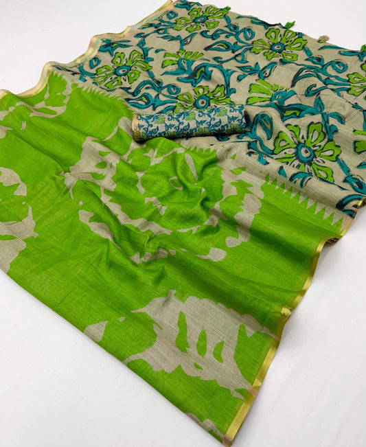 Traditional Parrot Printed Cotton Silk Saree With Profuse Blouse Piece