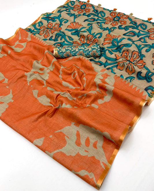 Luxuriant Orange Printed Cotton Silk Saree With Surpassing Blouse Piece