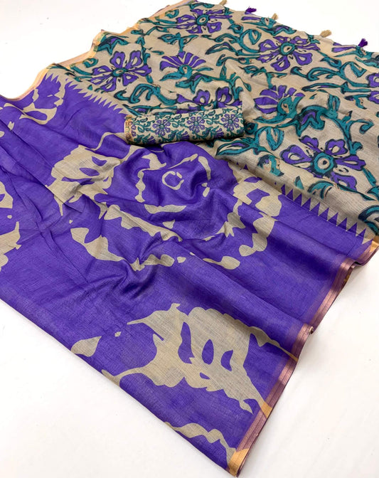 Stunning Royal Purple Printed Cotton Silk Saree With Surreptitious Blouse Piece