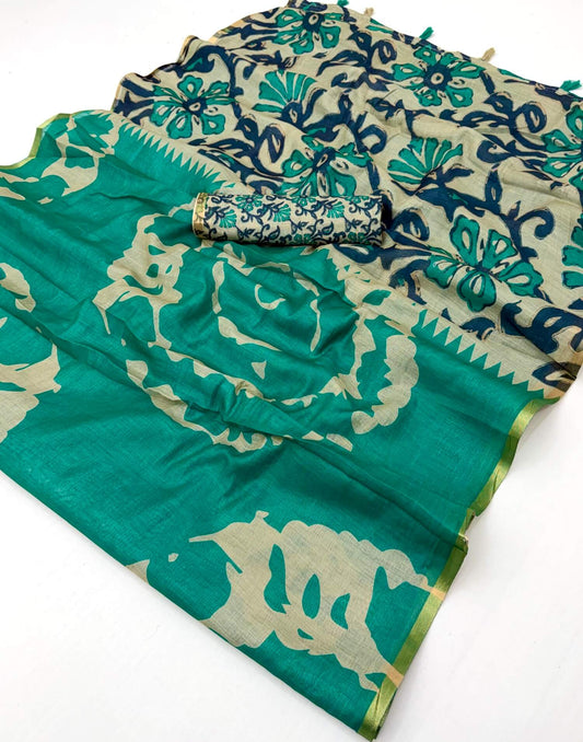 Gossamer Rama Printed Cotton Silk Saree With Desuetude Blouse Piece