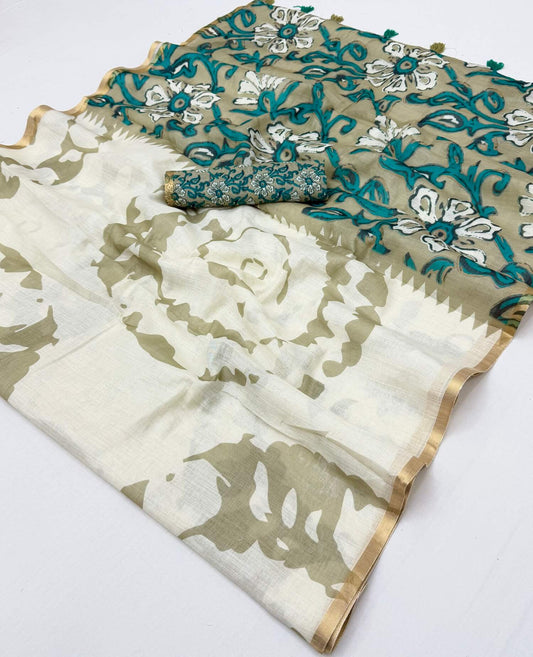 Comely Beige Printed Cotton Silk Saree With Vestigial Blouse Piece