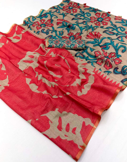 Sumptuous Red Printed Cotton Silk Saree With Gorgeous Blouse Piece