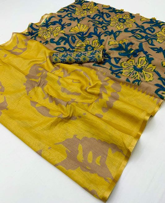 Fantabulous Yellow Printed Cotton Silk Saree With Resonant Blouse Piece