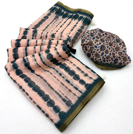 Preferable Peach Printed Cotton Silk Saree With Marvellous Blouse Piece