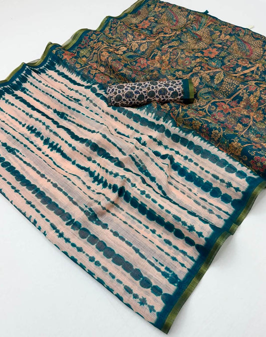 Splendorous Peach Printed Cotton Silk Saree With Capricious Blouse Piece