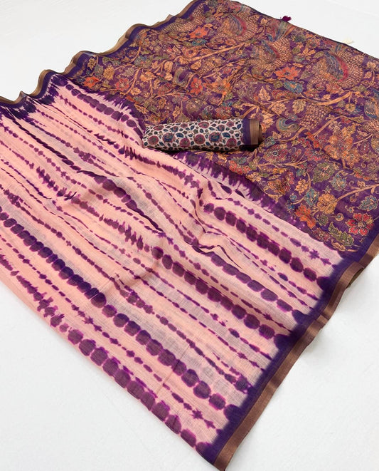 Alluring Peach Printed Cotton Silk Saree With Imaginative Blouse Piece
