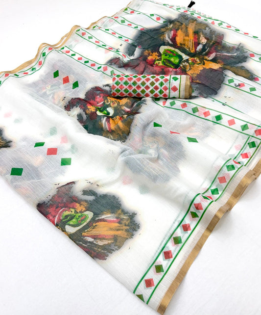Surreptitious Off White Printed Cotton Silk Saree With Bewitching Blouse Piece