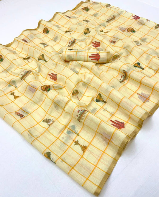 Denouement Beige Printed Cotton Silk Saree With Embrocation Blouse Piece