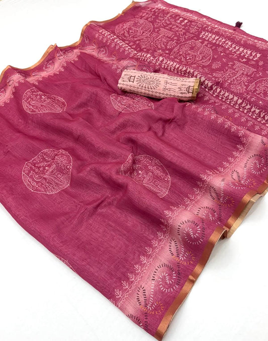 Scrupulous Dark Pink Printed Cotton Silk Saree With Desirable Blouse Piece