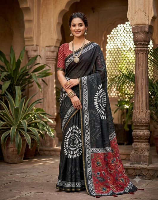 Allure Black Printed Cotton Silk Saree With Grandiose Blouse Piece