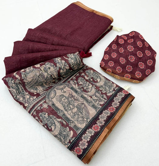 Eclat Wine Kalamkari Printed Cotton Silk Saree With Amiable Blouse Piece
