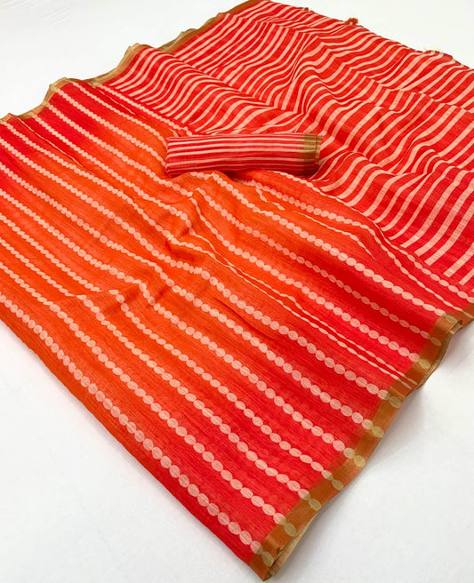 Desuetude Orange and Red Printed Cotton Silk Saree With Chatoyant Blouse Piece