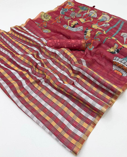 Nectarous Wine Printed Cotton Silk Saree With Resplendent Blouse Piece
