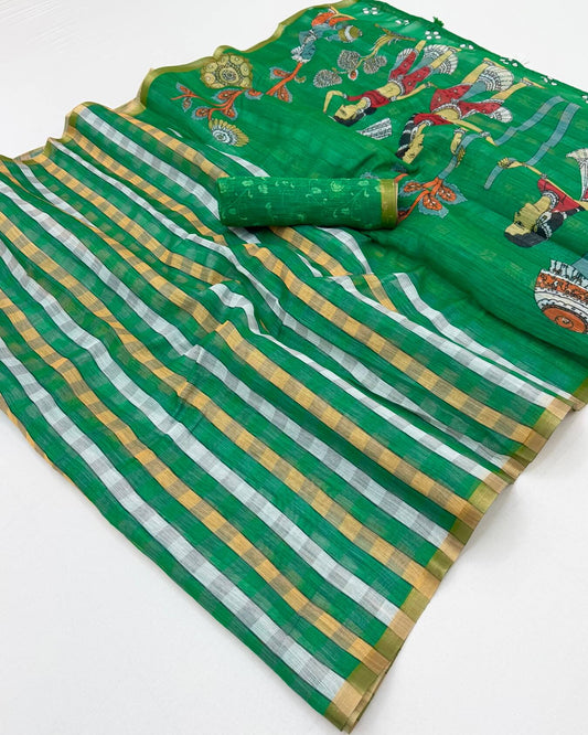 Rhapsody Dark Green Printed Cotton Silk Saree With Opulent Blouse Piece