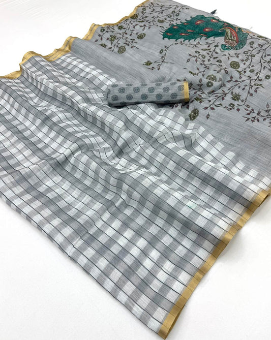 Dalliance Grey Printed Cotton Silk Saree With Vibrant Blouse Piece