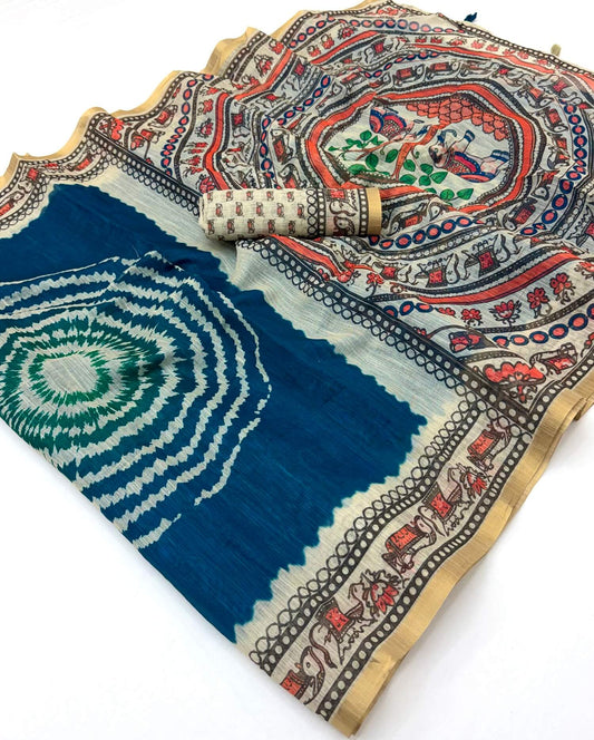 Snazzy Navy Blue Printed Cotton Silk Saree With Transcendent Blouse Piece