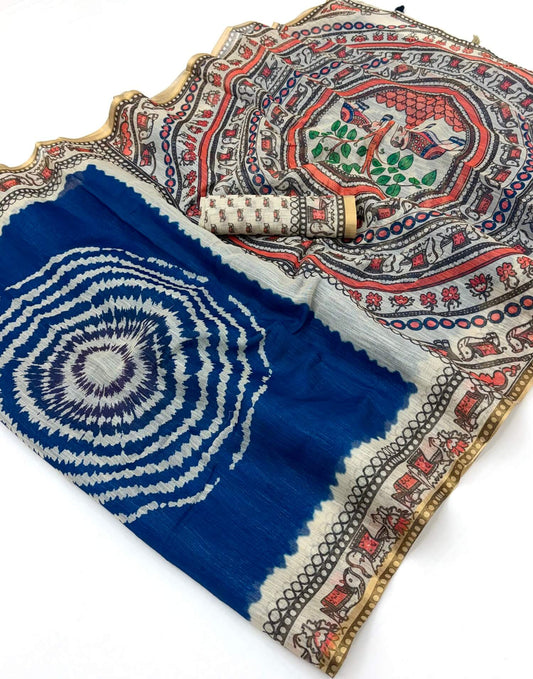 Quintessential Royal Blue Printed Cotton Silk Saree With Prominent Blouse Piece