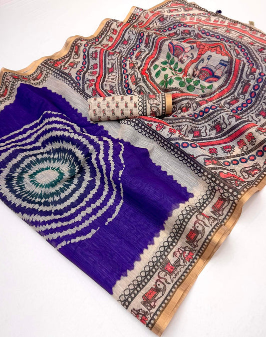 Stunner Royal Purple Printed Cotton Silk Saree With Delectable Blouse Piece