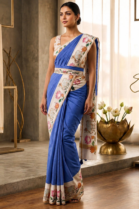 Glamorous Blue Printed Cotton Silk Saree With Inimitable Blouse Piece