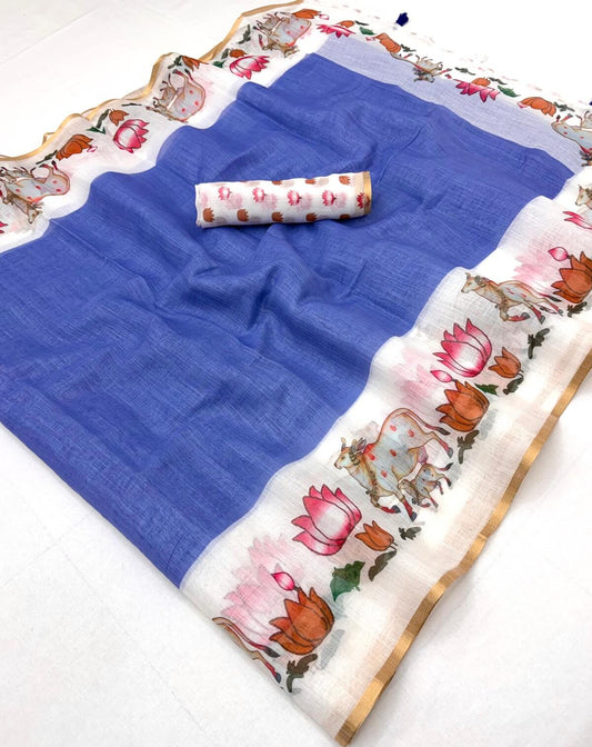 Glamorous Blue Printed Cotton Silk Saree With Inimitable Blouse Piece