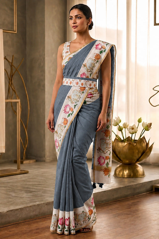 Resonant Grey Printed Cotton Silk Saree With Rhapsodic Blouse Piece