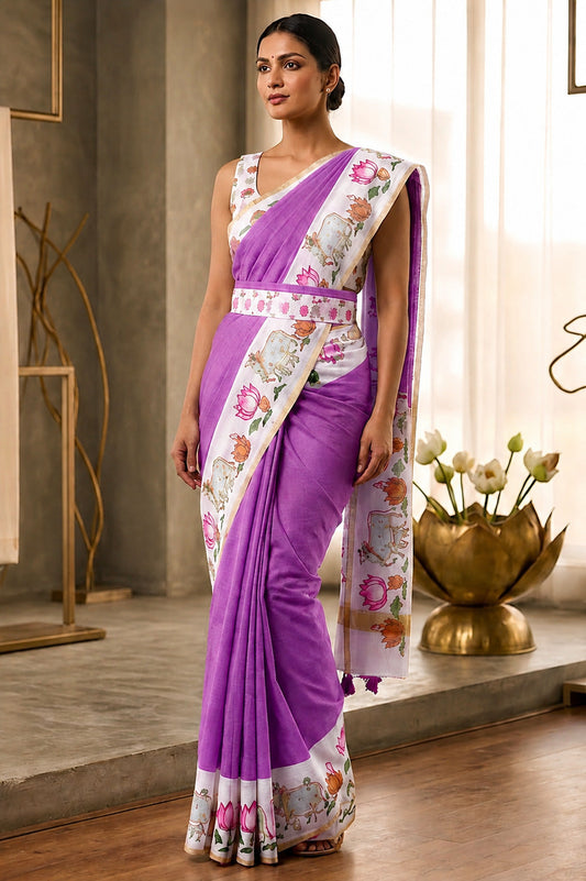 Vibrant Lavender Printed Cotton Silk Saree With Seraglio Blouse Piece