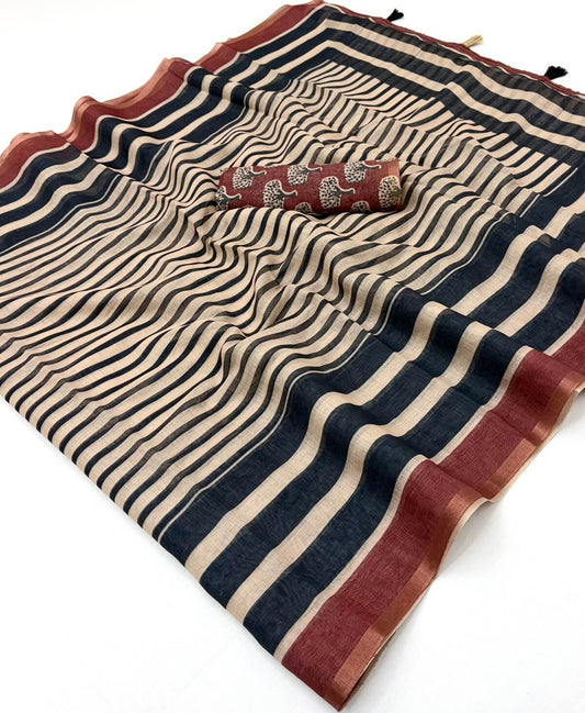 Prodigal Beige and Black Printed Cotton Silk Saree With Incomparable Blouse Piece