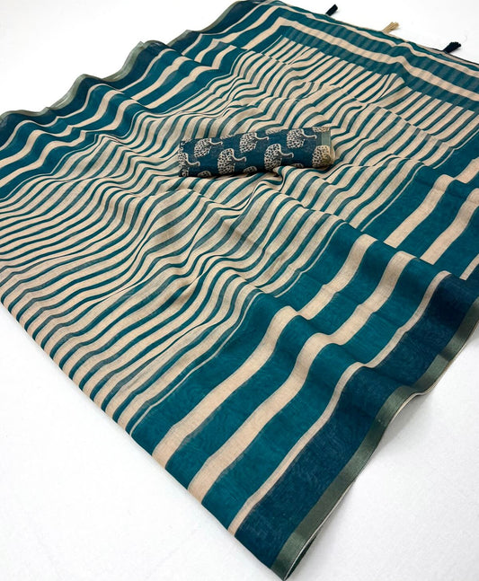 Exemplary Beige and Rama Printed Cotton Silk Saree With Resplendent Blouse Piece