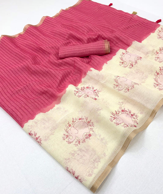 Winsome Beige And Pink Printed Cotton Silk Saree With Hypnotic Blouse Piece