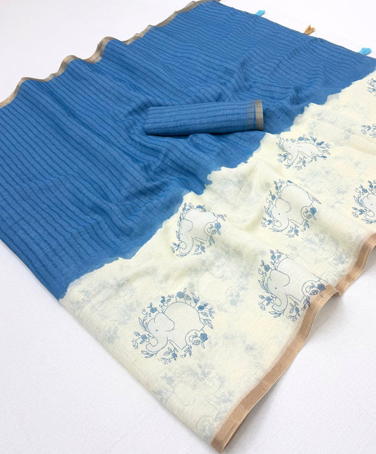Rhapsodic Beige And Blue Printed Cotton Silk Saree With Redolent Blouse Piece