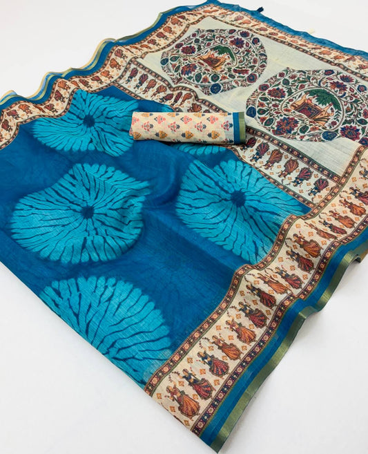 Desuetude Firozi Printed Cotton Silk Saree With Charming Blouse Piece