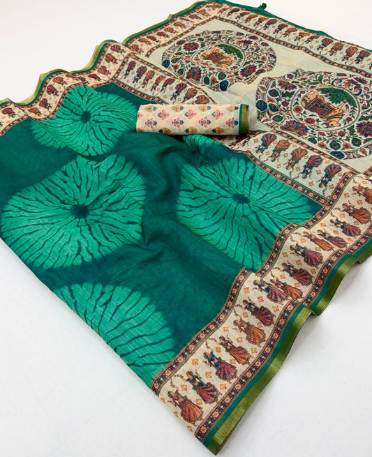 Susurrous Rama Printed Cotton Silk Saree With Effulgent Blouse Piece