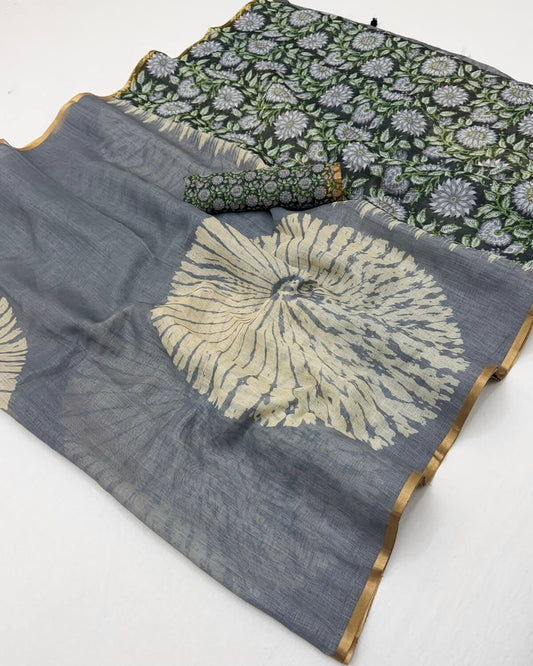 Demesne Grey Printed Cotton Silk Saree With Panache Blouse Piece