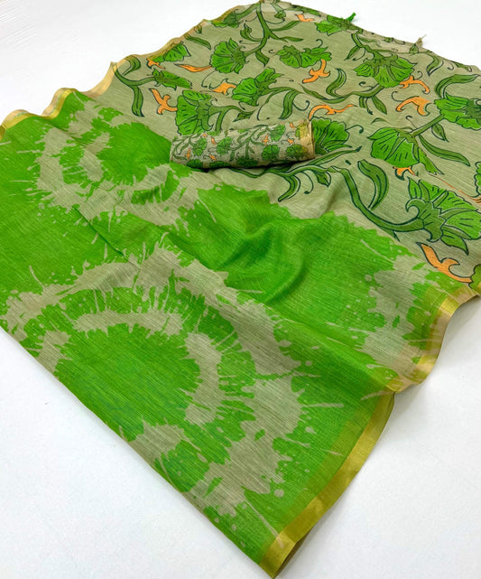 Fantabulous Green Printed Cotton Silk Saree With Blissful Blouse Piece