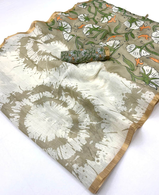 Gossamer Off White Printed Cotton Silk Saree With Preferable Blouse Piece