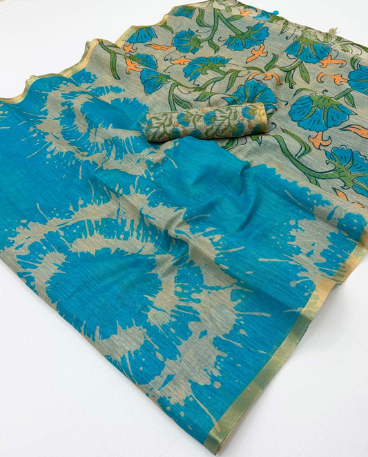 Classic Firozi Printed Cotton Silk Saree With Nemesis Blouse Piece