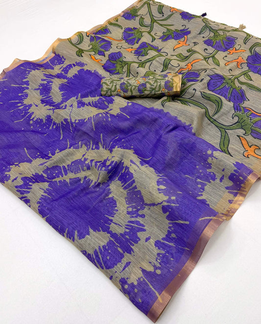 Adoring Royal Purple Printed Cotton Silk Saree With Vestigial Blouse Piece