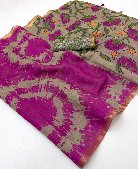 Unequalled Purple Printed Cotton Silk Saree With Opulent Blouse Piece