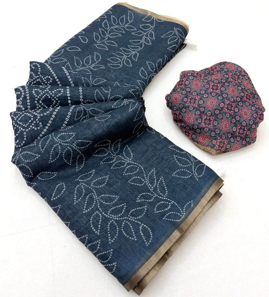 Scintillating Blue Printed Cotton Silk Saree With Ephemeral Blouse Piece