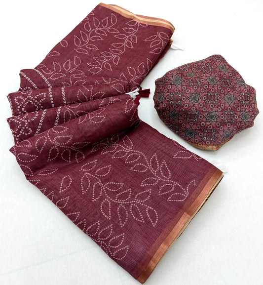 Appealing Maroon Printed Cotton Silk Saree With Rhapsodic Blouse Piece