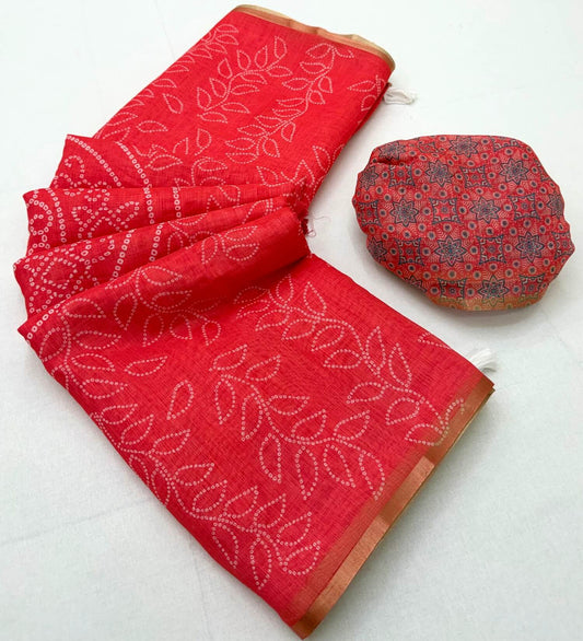 Forbearance Dark Pink Printed Cotton Silk Saree With Elision Blouse Piece