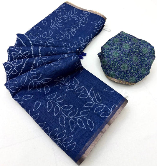 Energetic Navy Blue Printed Cotton Silk Saree With Dalliance Blouse Piece