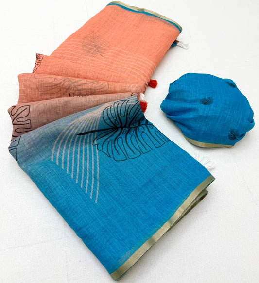 Eloquence Peach and Blue Printed Cotton Silk Saree With Serendipity Blouse Piece