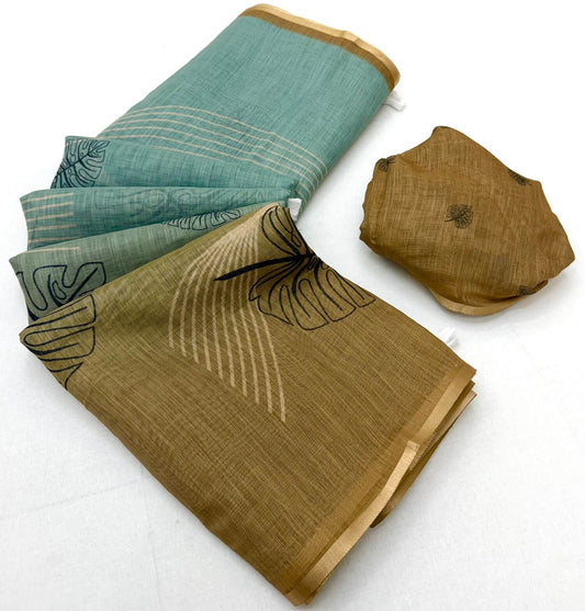 Snappy Sky and Brown Printed Cotton Silk Saree With Preferable Blouse Piece
