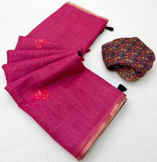 Desultory Dark Pink Printed Cotton Silk Saree With Fragrant Blouse Piece