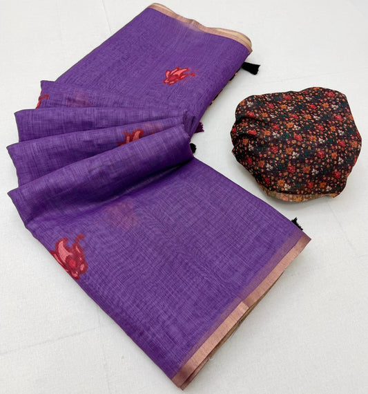 Bucolic Purple Printed Cotton Silk Saree With Moiety Blouse Piece