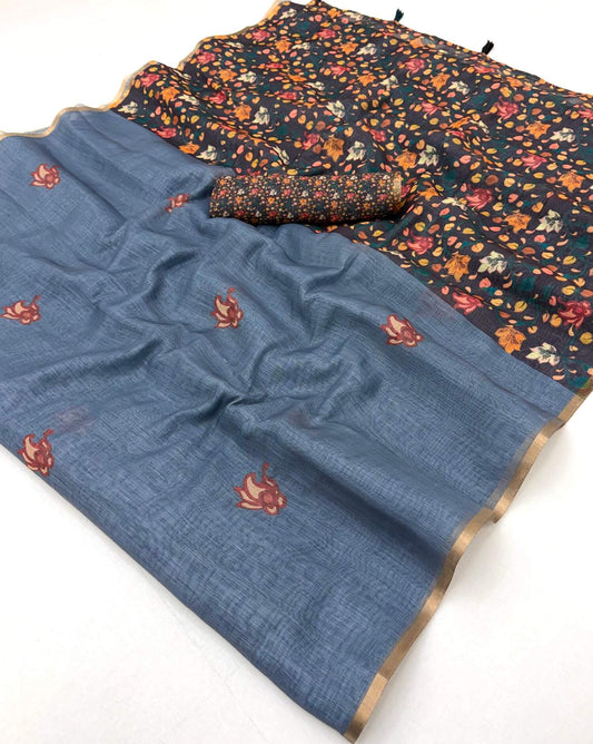 Exquisite Grey Printed Cotton Silk Saree With Chatoyant Blouse Piece