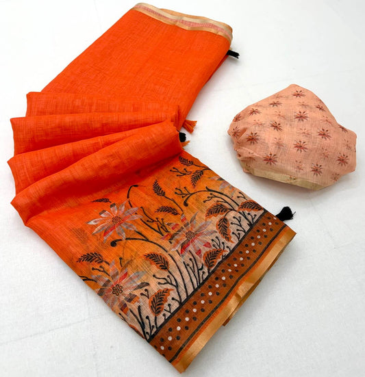 Exemplary Orange Printed Cotton Silk Saree With Redolent Blouse Piece